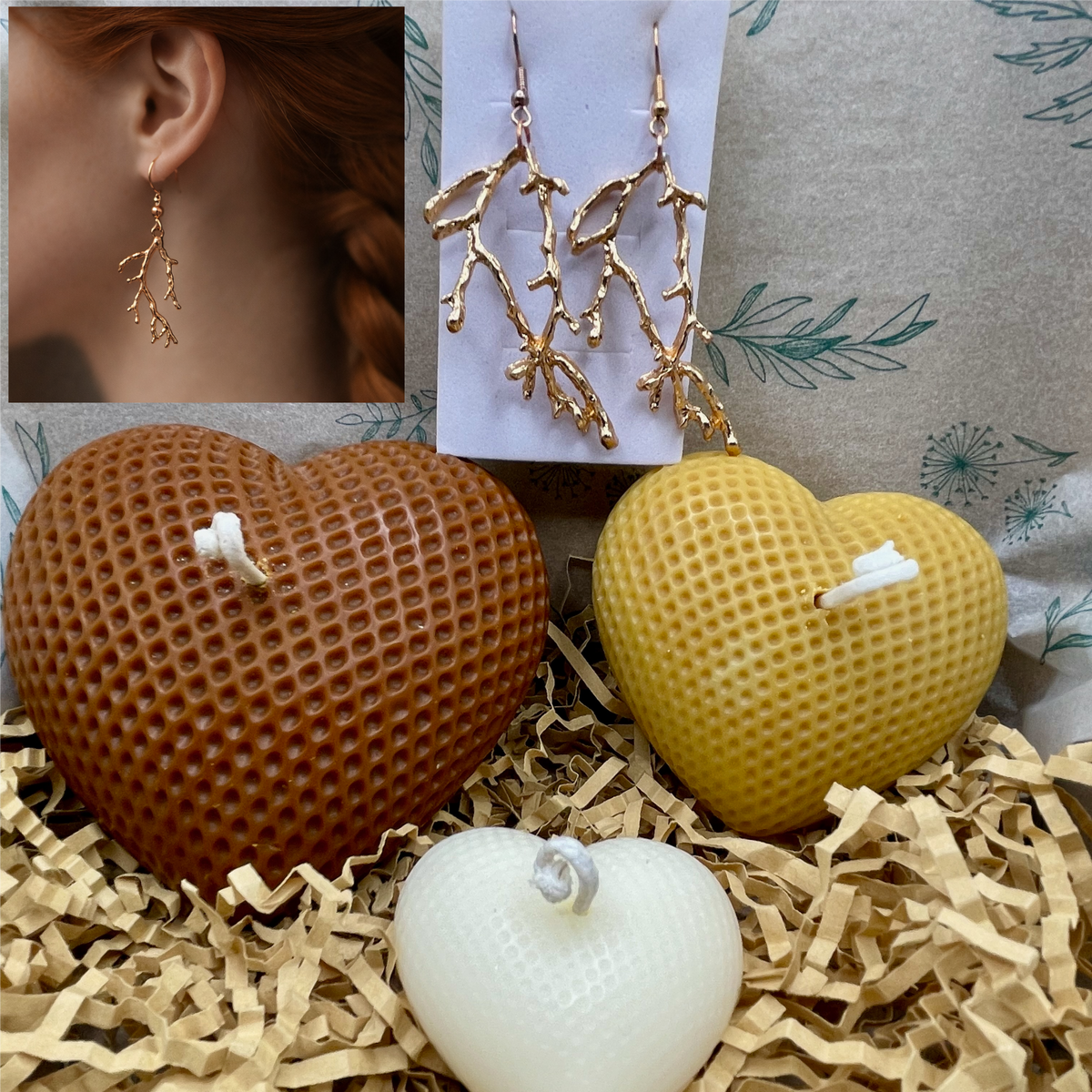 Coffret de 3 bougies artisanales texturées de trois tailles différentes en forme de cœur marron, beige et blanc avec boucles d'oreilles rameaux, couleur or rose ou argent