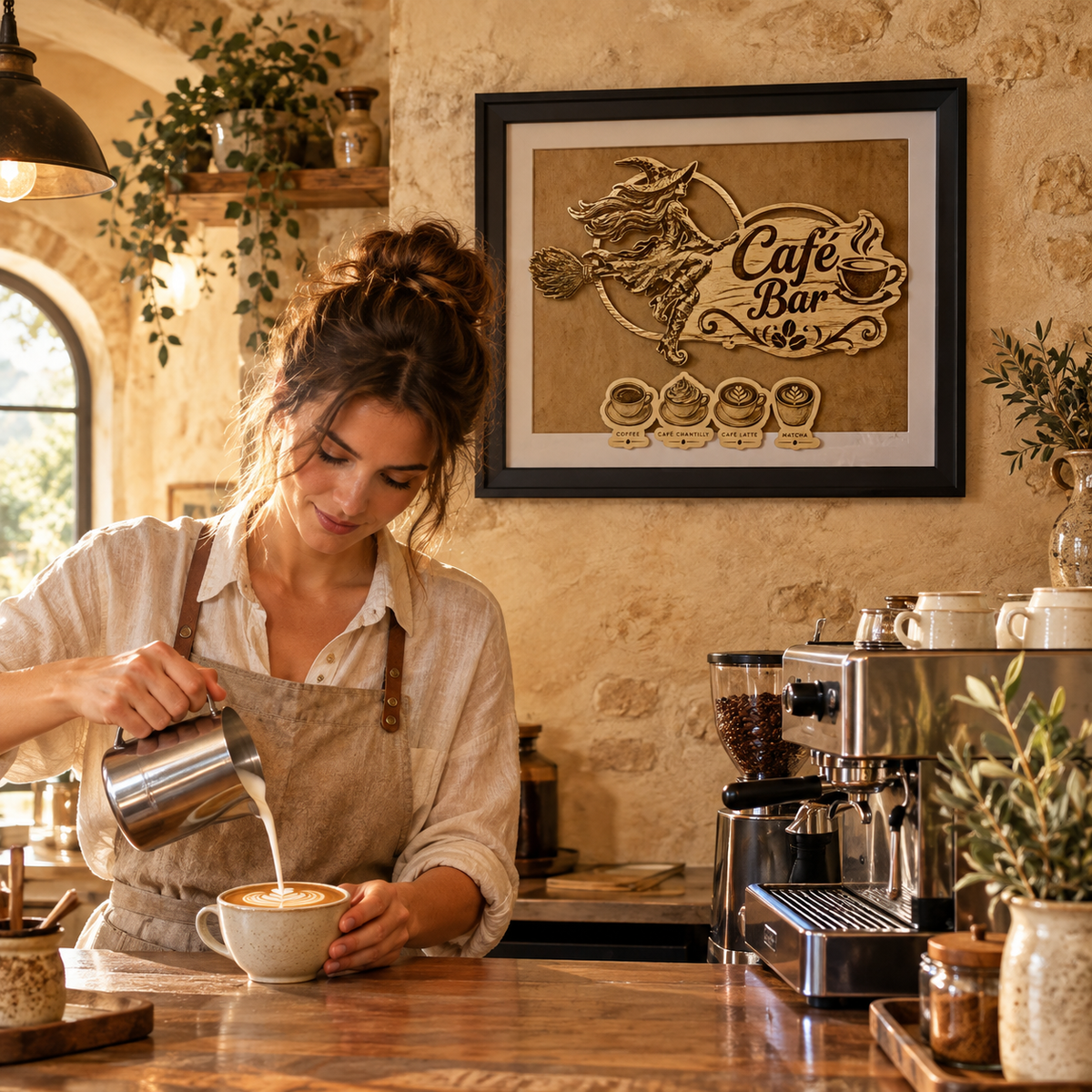 Cadre Déco Café Bar en Bois Naturel – Sorcière & Tasses | Artisanat de Provence
