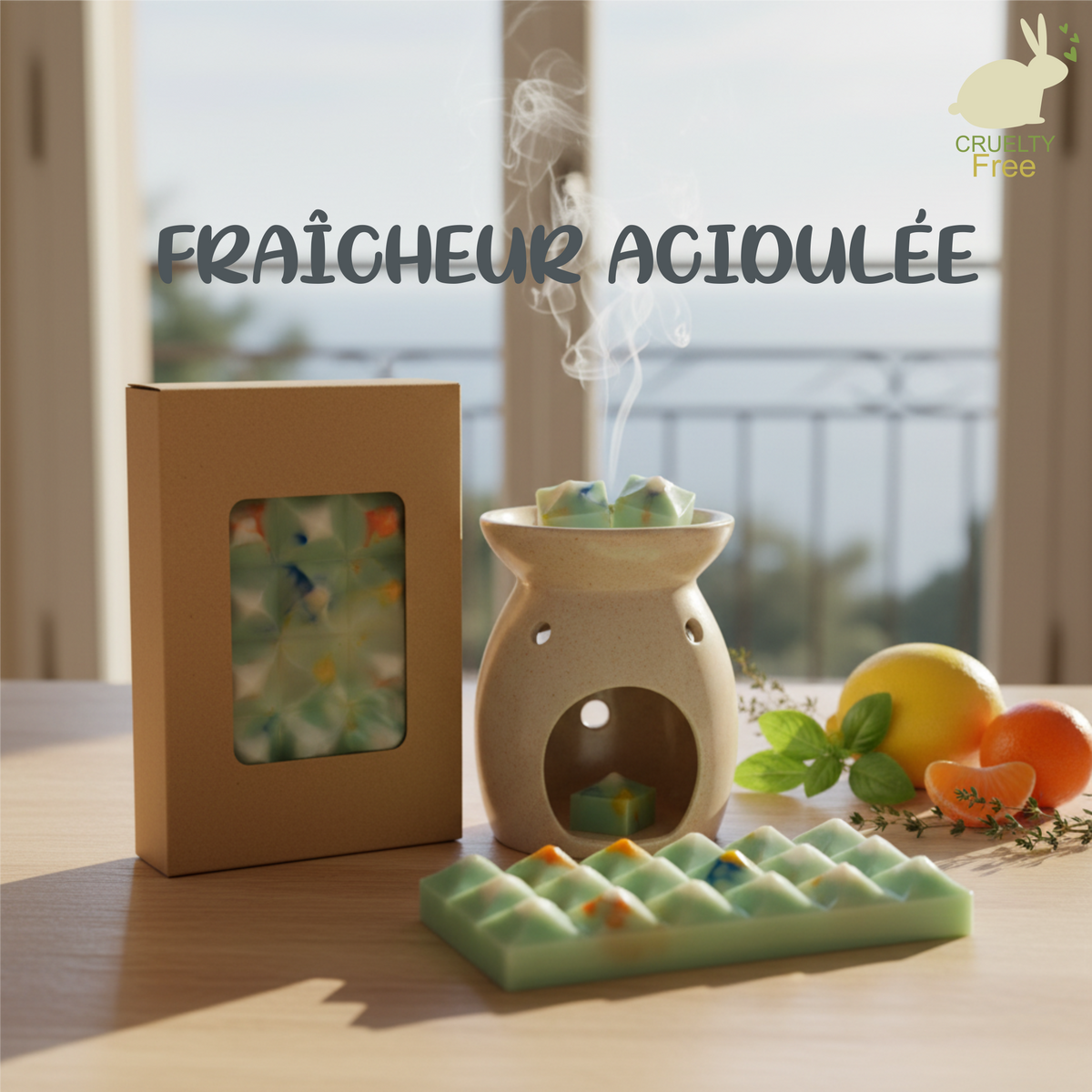 la photo présente une Tablette de fondants parfumés en cire d'olive naturelle, sans produits chimiques, vegan, fragrances proches peps, emballée dans un étui couleur kraft avec fenêtre transparente pour voir le produit à l'intérieur. On voit également sur la photo  des quartiers d'agrumes, de la menthe fraiche et des herbes aromatiques et un brule parfum blanc duquel s'élèvent des effluves envoutantes