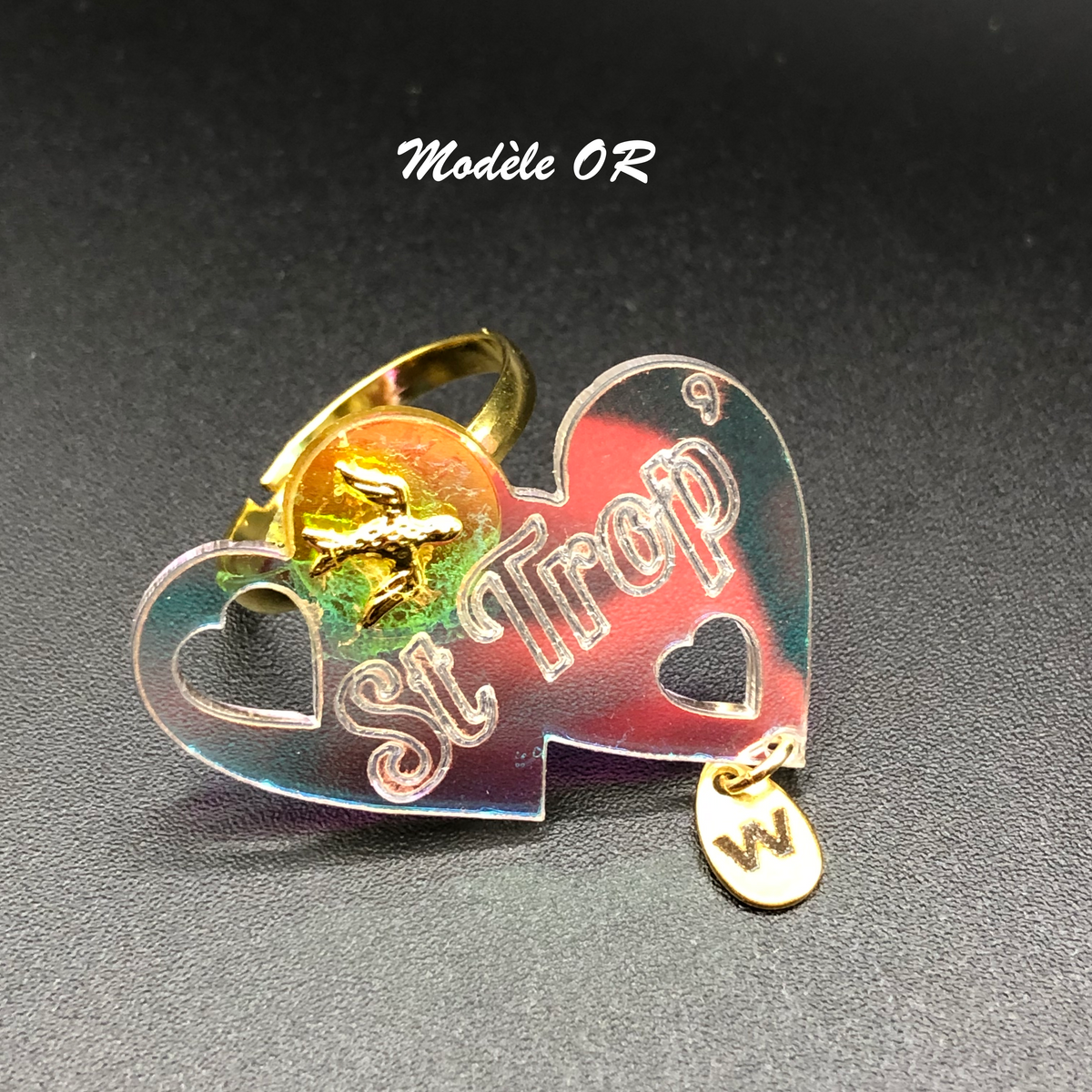 Bague double coeur gravé "St Trop"  breloque & charm