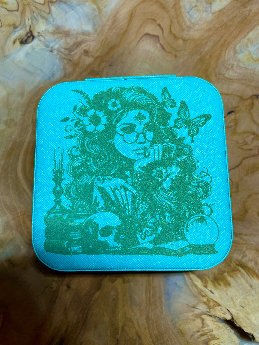 Boites à bijoux de voyage  personnalisée en cuir vegan style wicca/  bohème avec miroir intérieur,