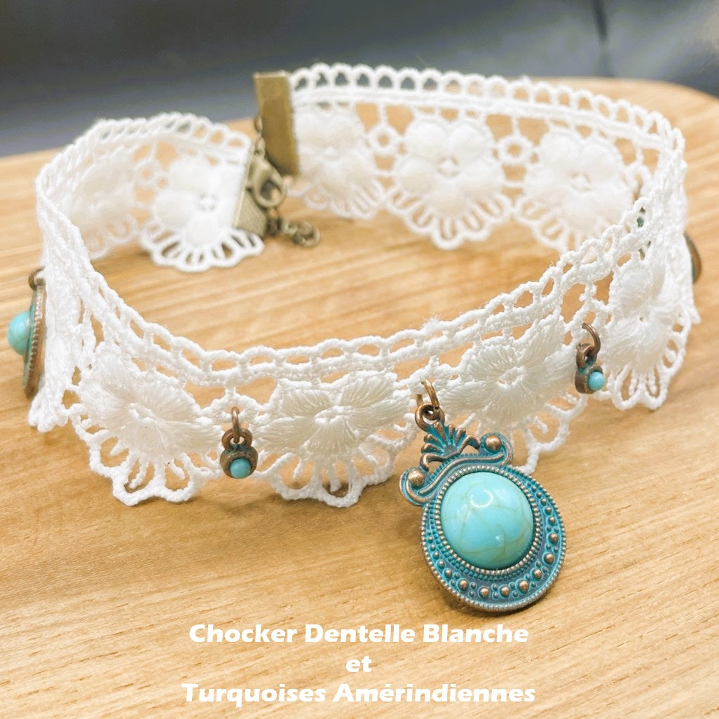 Collier Victorien Dentelle Blanche & Turquoises Amérindiennes