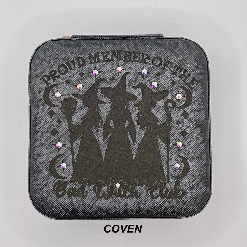 Boites à bijoux de voyage  personnalisée en cuir vegan style wicca/  bohème avec miroir intérieur,