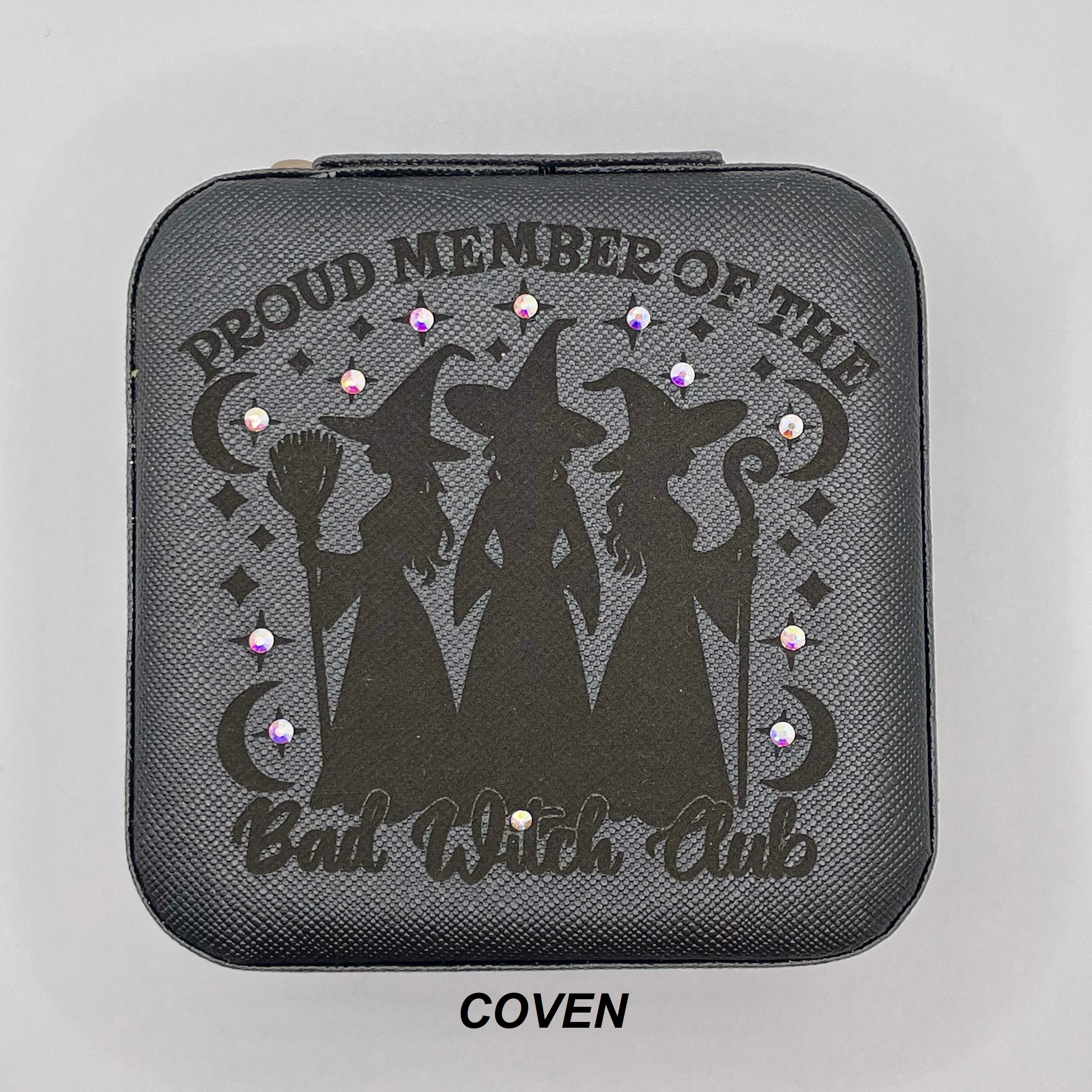 Boites à bijoux de voyage  personnalisée en cuir vegan style wicca/  bohème avec miroir intérieur,
