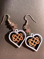 Boucles d'oreilles en bois de noyer Noeud Triple Coeur Celtique & couleur or rose & strass