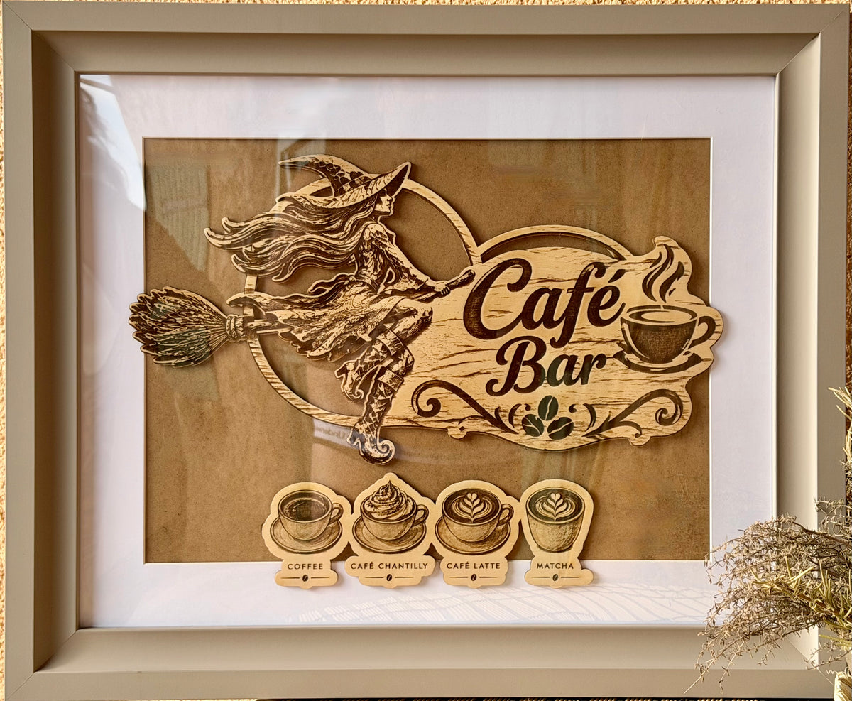 Cadre en bois sculpté Café Bar sorcière sur balai et tasses gravées fait main en Provence