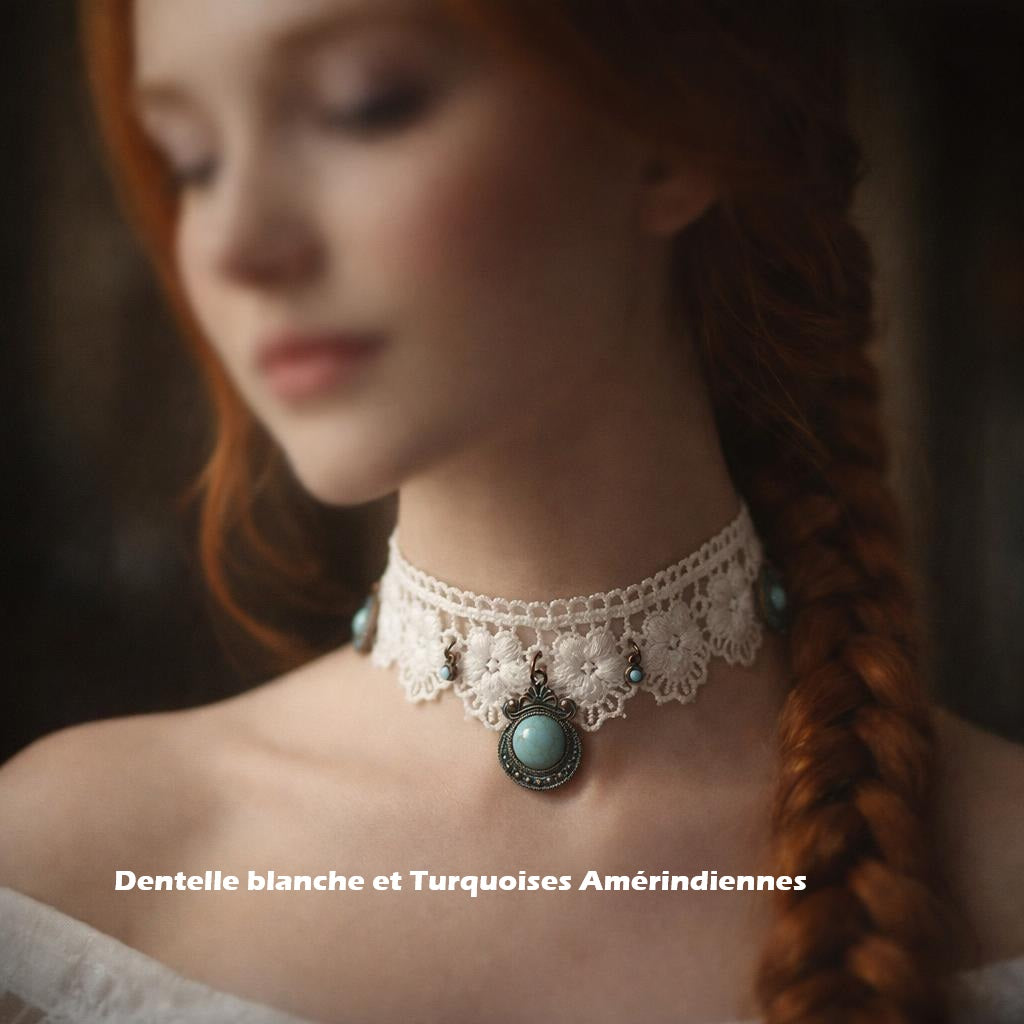 Collier Victorien Dentelle Blanche & Turquoises Amérindiennes