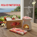 la photo présente une Tablette  genre puzzle de fondants parfumés en cire d'olive naturelle, sans produits chimiques, vegan,  emballée dans un étui couleur kraft avec fenêtre transparente pour voir le produit à l'intérieur. On voit également sur la photo des gousses de vanille brillantes, des quartiers d'agrumes, des fruits rouges, une noix de coco, pomme, abricot et un brule parfum blanc duquel s'élèvent des effluves envoutantes et sucrées