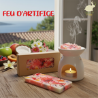la photo présente une Tablette  genre puzzle de fondants parfumés en cire d'olive naturelle, sans produits chimiques, vegan,  emballée dans un étui couleur kraft avec fenêtre transparente pour voir le produit à l'intérieur. On voit également sur la photo des gousses de vanille brillantes, des quartiers d'agrumes, des fruits rouges, une noix de coco, pomme, abricot et un brule parfum blanc duquel s'élèvent des effluves envoutantes et sucrées