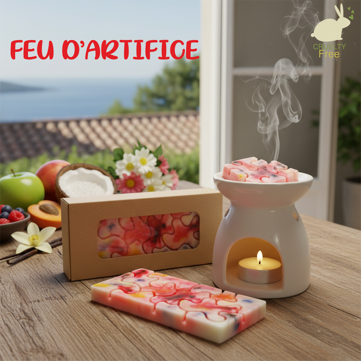 la photo présente une Tablette  genre puzzle de fondants parfumés en cire d'olive naturelle, sans produits chimiques, vegan,  emballée dans un étui couleur kraft avec fenêtre transparente pour voir le produit à l'intérieur. On voit également sur la photo des gousses de vanille brillantes, des quartiers d'agrumes, des fruits rouges, une noix de coco, pomme, abricot et un brule parfum blanc duquel s'élèvent des effluves envoutantes et sucrées