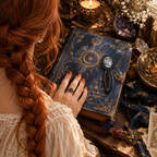 Marque-page en métal noir style whimsigoth avec motifs mystiques, une sorcière tenant un grimoire, posé à plat sur un livre ancien à couverture rigide.