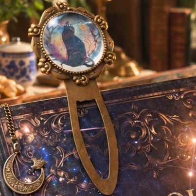 Marque-page en métal bronze style whimsigoth victorien orné d'un chat noir avec motifs célestes et étoiles, posé à plat sur un livre ancien à couverture rigide.