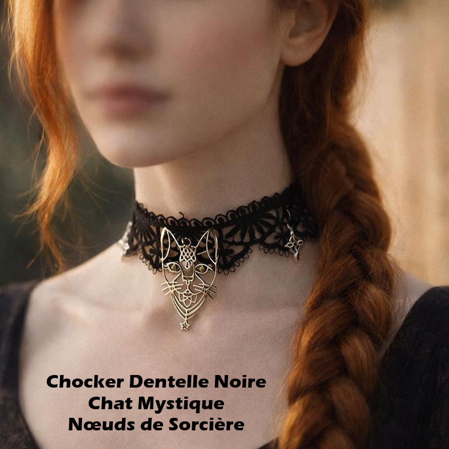 Collier Victorien Dentelle Noire & Chat Mystique, Noeuds de Sorcière