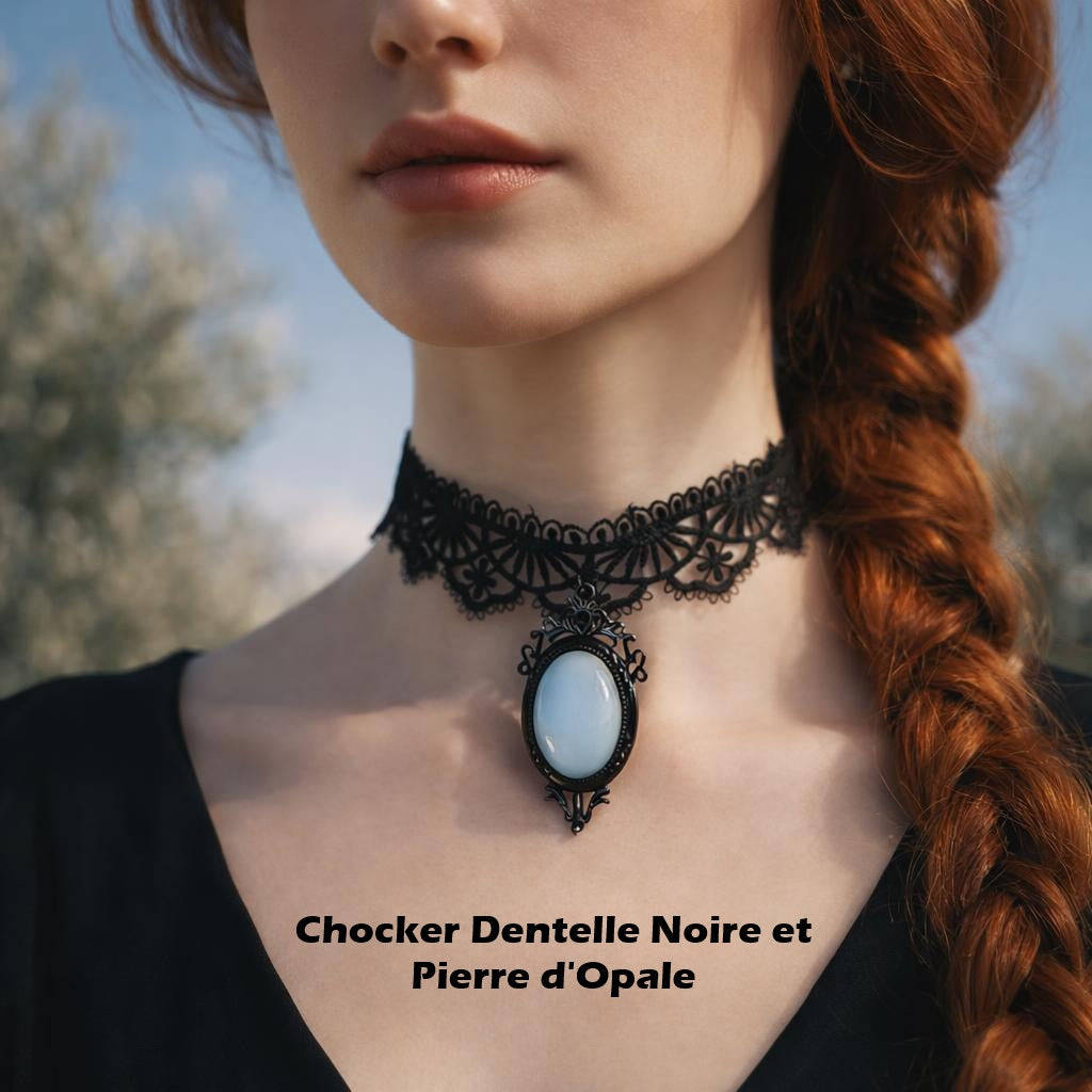 Collier Victorien Dentelle Noire Pierre Opale