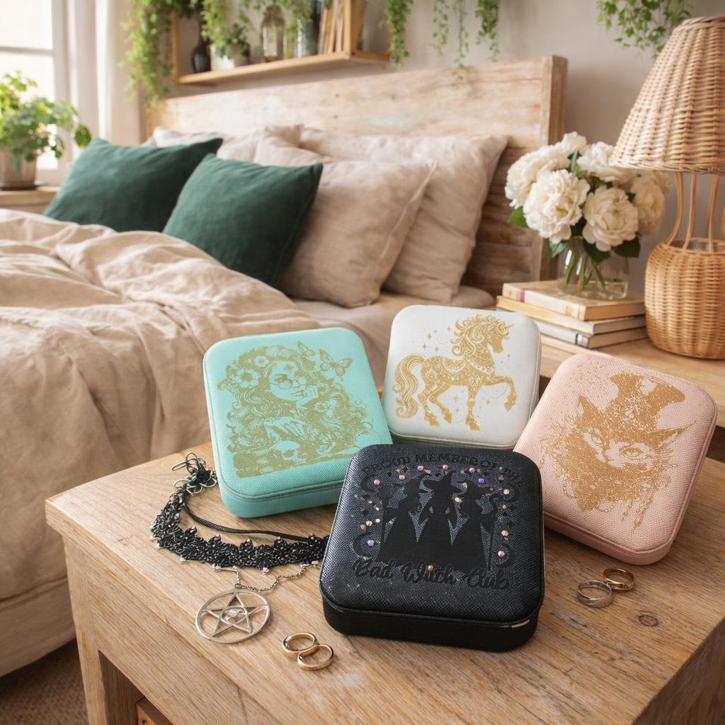 Boites à bijoux de voyage  personnalisée en cuir vegan style wicca/  bohème avec miroir intérieur,